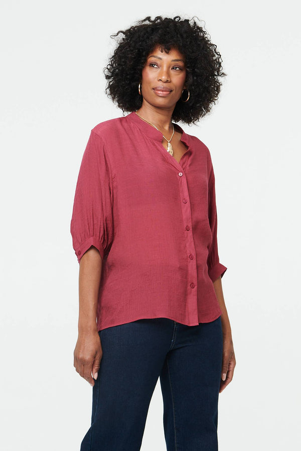 Burgundy | Relaxed 3/4 Sleeve Collarless Shirt