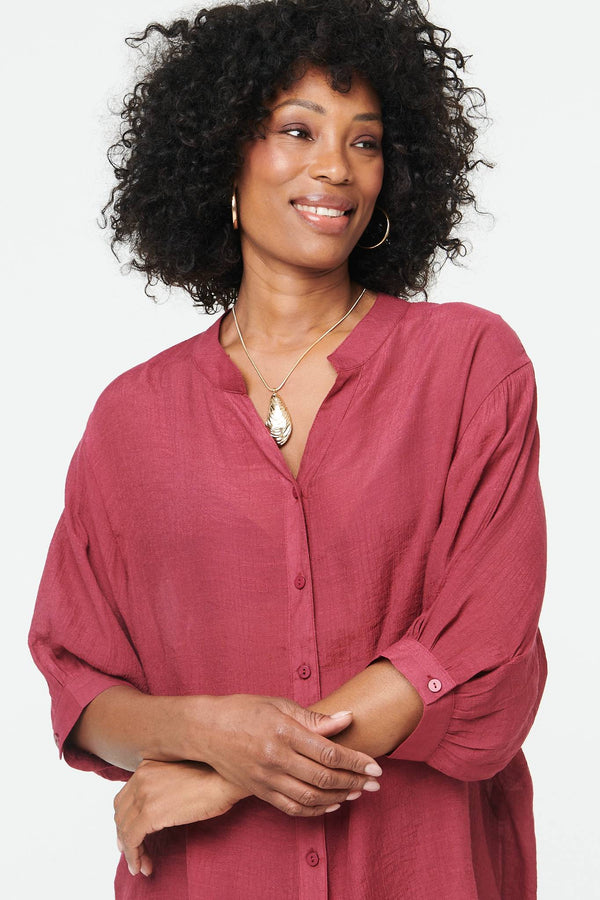 Burgundy | Relaxed 3/4 Sleeve Collarless Shirt