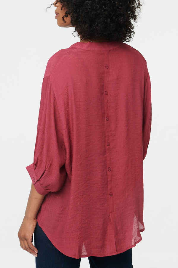 Burgundy | Relaxed 3/4 Sleeve Collarless Shirt