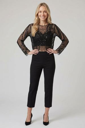 Black | Sheer Sequin Embellished Long Sleeve Top