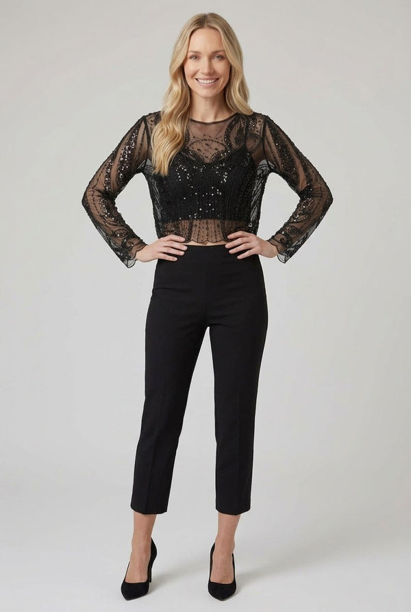 Black | Sheer Sequin Embellished Long Sleeve Top