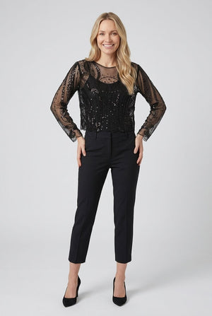Black | Sheer Sequin Embellished Long Sleeve Top