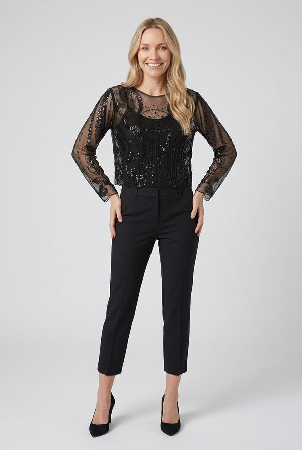 Black | Sheer Sequin Embellished Long Sleeve Top