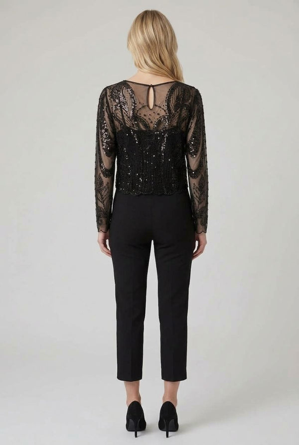 Black | Sheer Sequin Embellished Long Sleeve Top