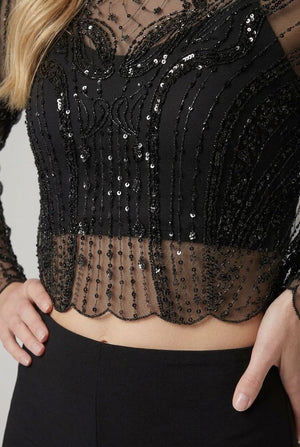 Black | Sheer Sequin Embellished Long Sleeve Top
