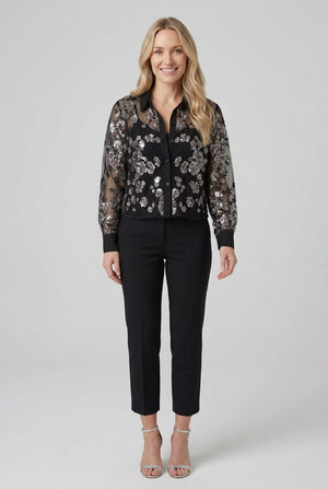 Black | Sheer Floral Embellished Cropped Shirt