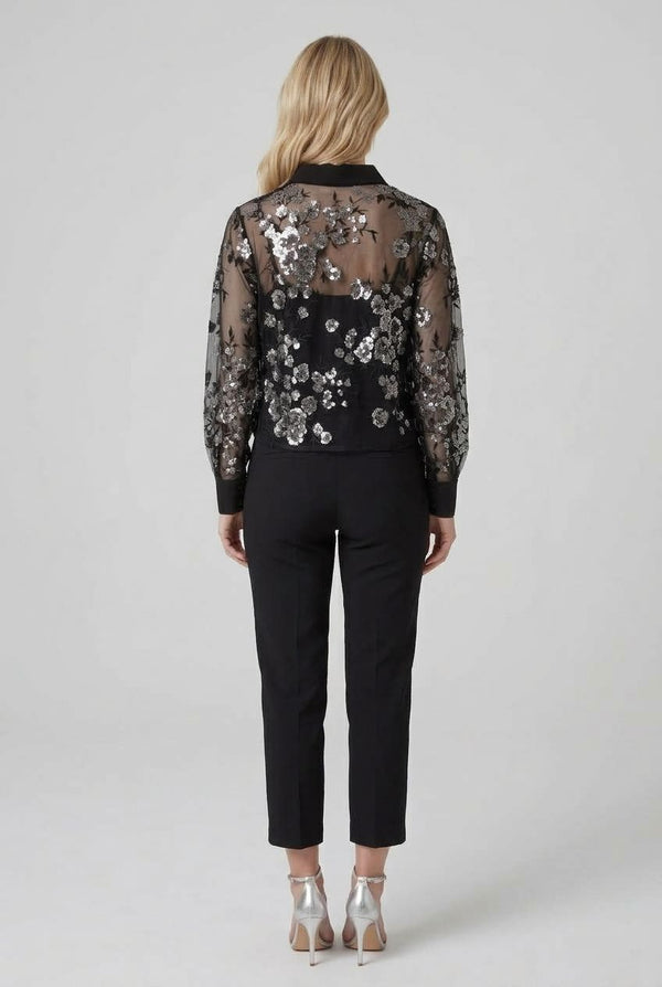 Black | Sheer Floral Embellished Cropped Shirt