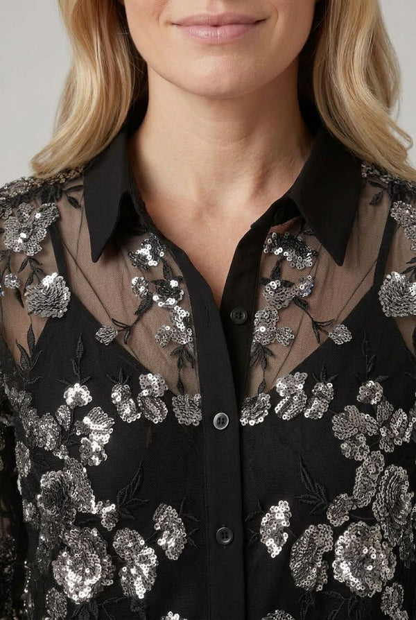 Black | Sheer Floral Embellished Cropped Shirt