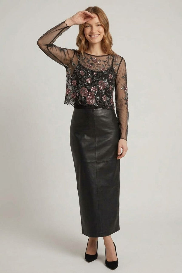 Black | Floral Embellished Long Sleeve Mesh Top