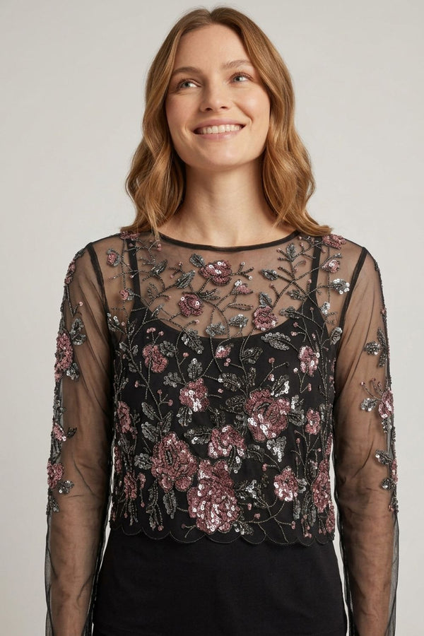 Black | Floral Embellished Long Sleeve Mesh Top