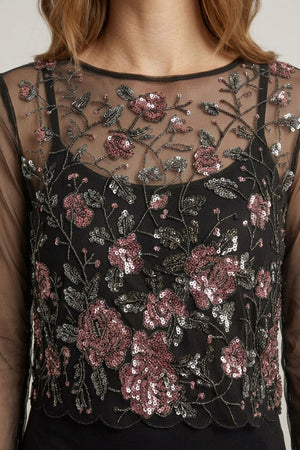 Black | Floral Embellished Long Sleeve Mesh Top