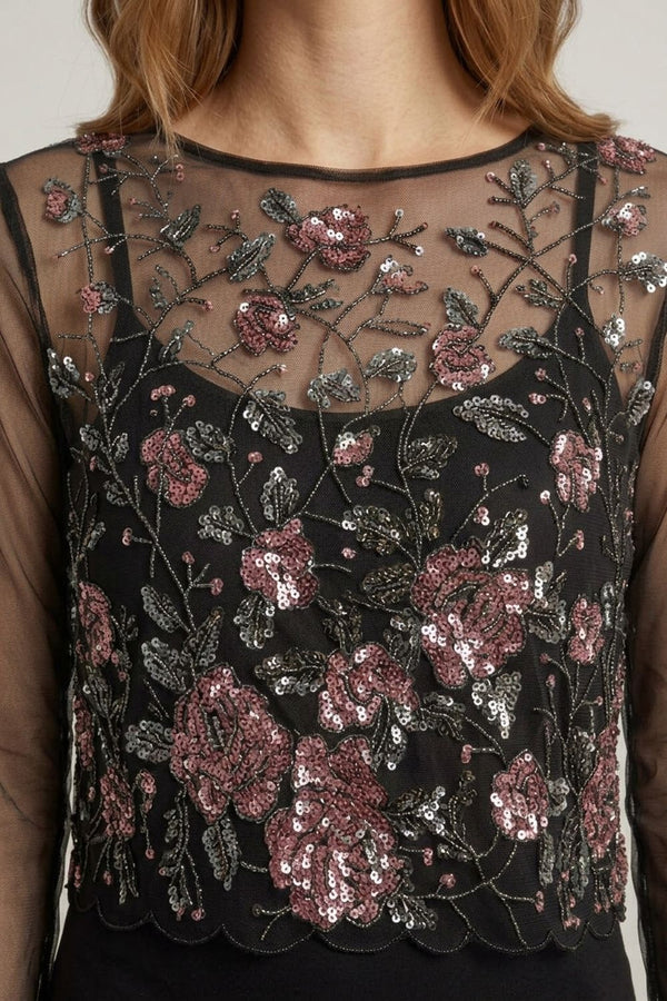 Black | Floral Embellished Long Sleeve Mesh Top