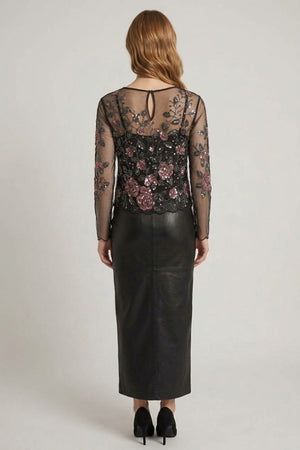 Black | Floral Embellished Long Sleeve Mesh Top