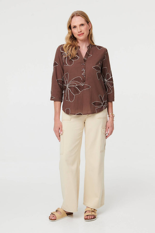 Brown | Embroidered Floral 3/4 Sleeve Blouse