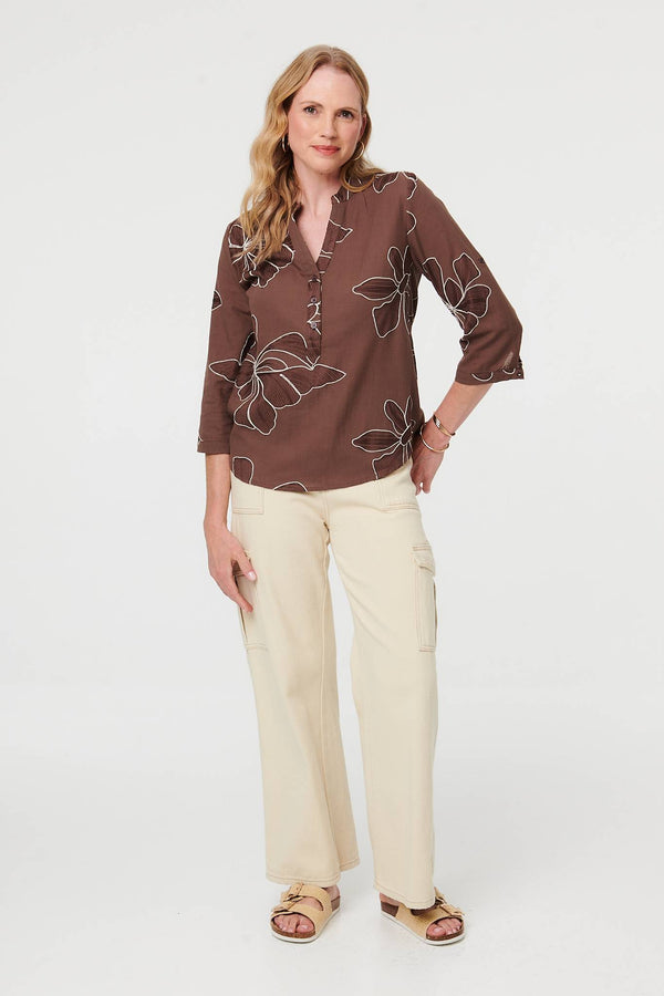 Brown | Embroidered Floral 3/4 Sleeve Blouse