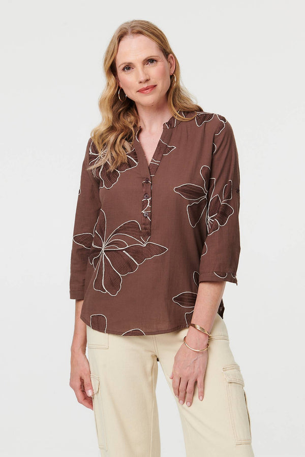 Brown | Embroidered Floral 3/4 Sleeve Blouse