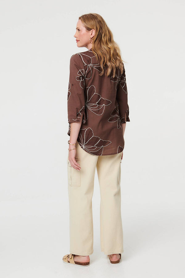 Brown | Embroidered Floral 3/4 Sleeve Blouse