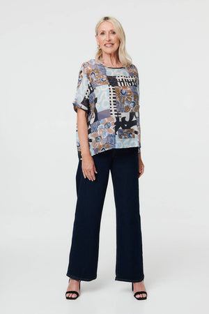 Blue | Patchwork Print 1/2 Sleeve Relaxed Top