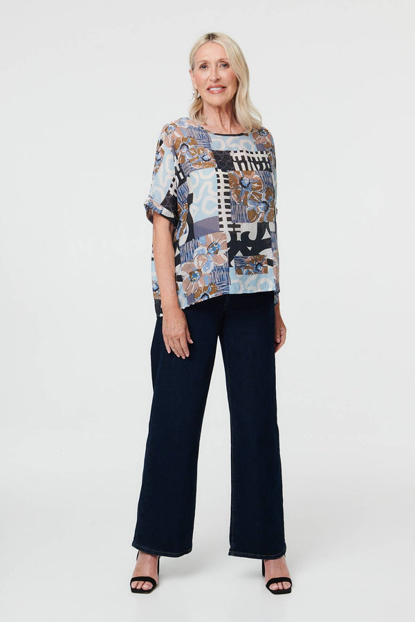 Blue | Patchwork Print 1/2 Sleeve Relaxed Top