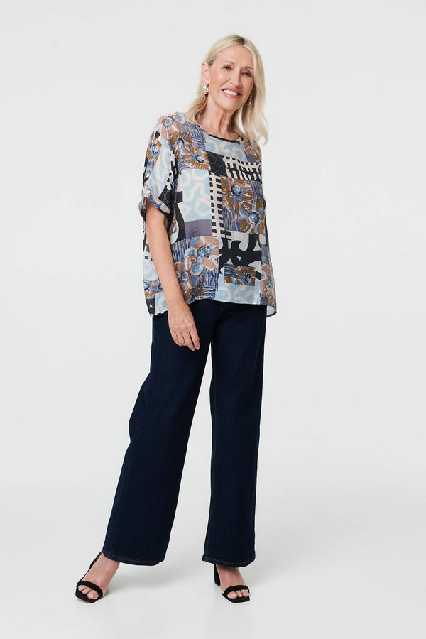 Blue | Patchwork Print 1/2 Sleeve Relaxed Top