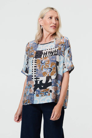 Blue | Patchwork Print 1/2 Sleeve Relaxed Top