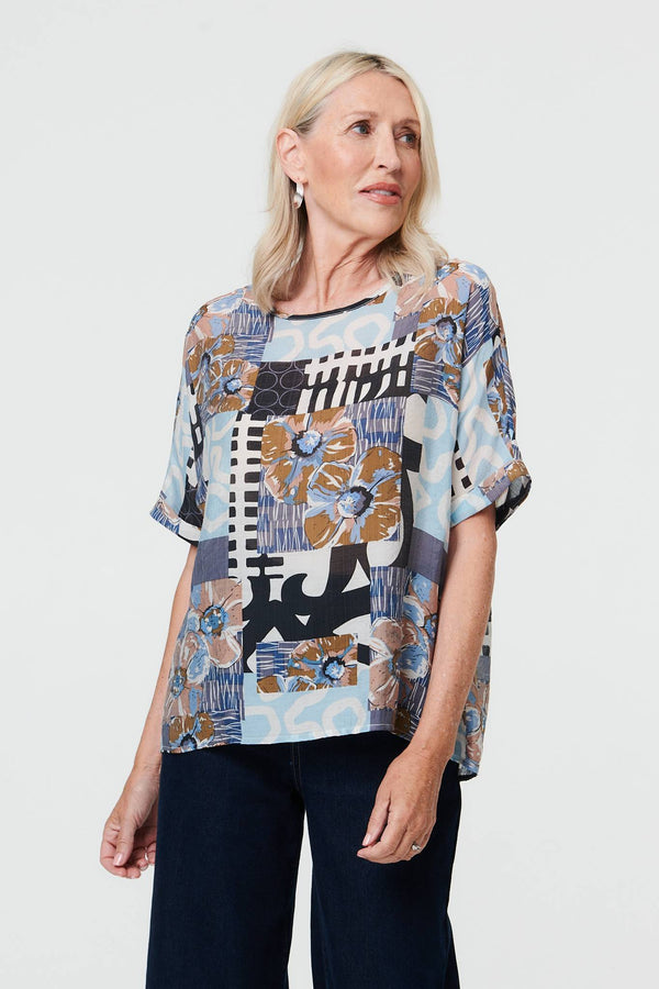 Blue | Patchwork Print 1/2 Sleeve Relaxed Top