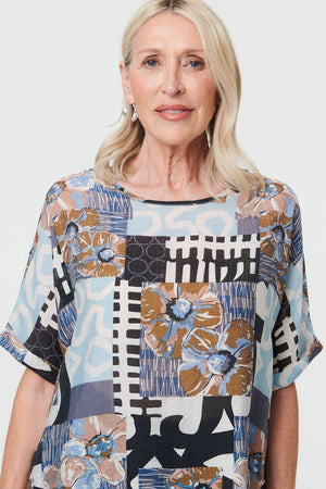 Blue | Patchwork Print 1/2 Sleeve Relaxed Top
