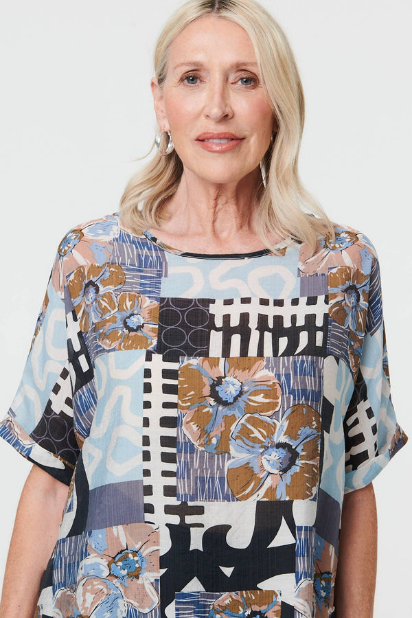 Blue | Patchwork Print 1/2 Sleeve Relaxed Top