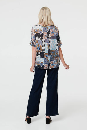 Blue | Patchwork Print 1/2 Sleeve Relaxed Top