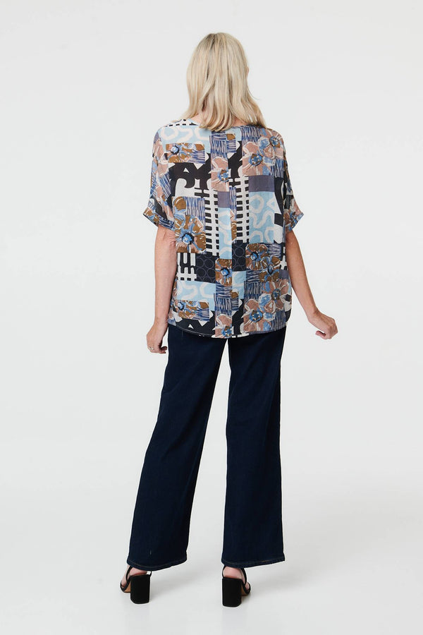 Blue | Patchwork Print 1/2 Sleeve Relaxed Top