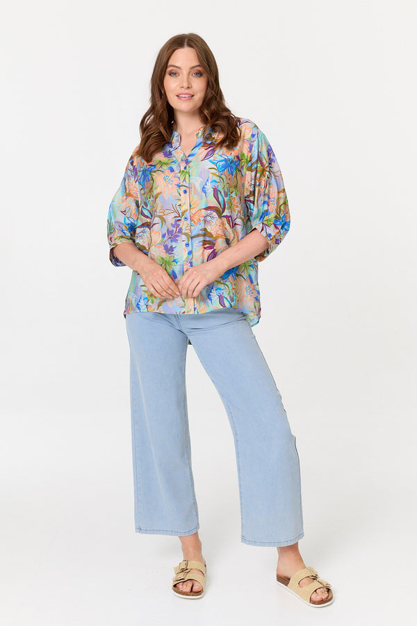 Purple | Floral 3/4 Sleeve Relaxed Shirt

