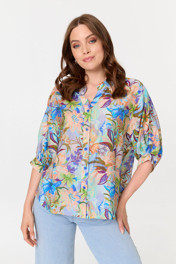 Purple | Floral 3/4 Sleeve Relaxed Shirt

