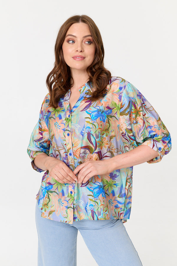 Purple | Floral 3/4 Sleeve Relaxed Shirt
