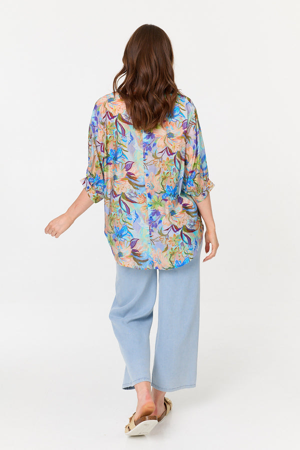 Purple | Floral 3/4 Sleeve Relaxed Shirt

