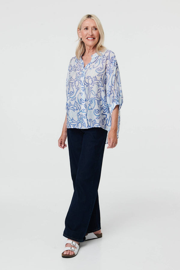 Blue | Printed Relaxed 3/4 Sleeve V-Neck Blouse