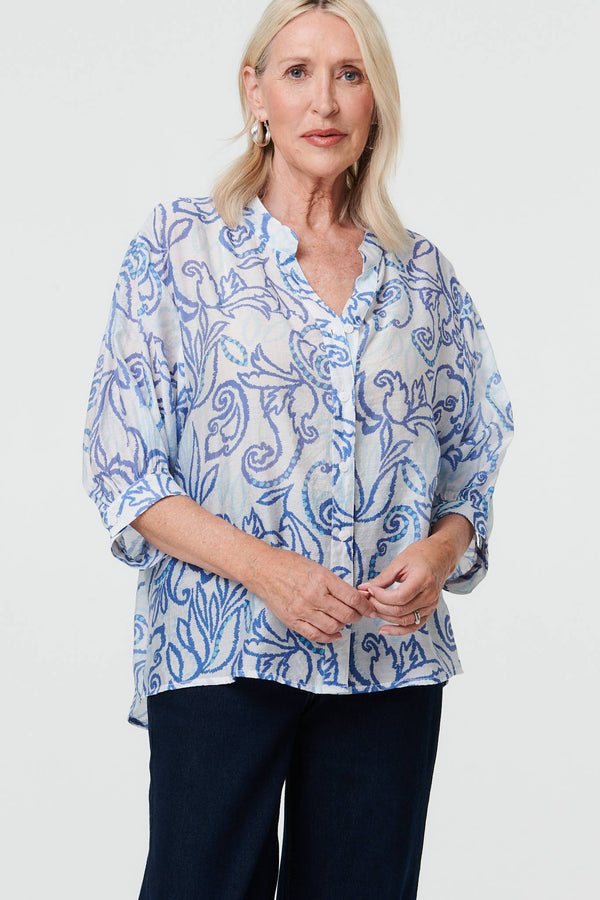 Blue | Printed Relaxed 3/4 Sleeve V-Neck Blouse