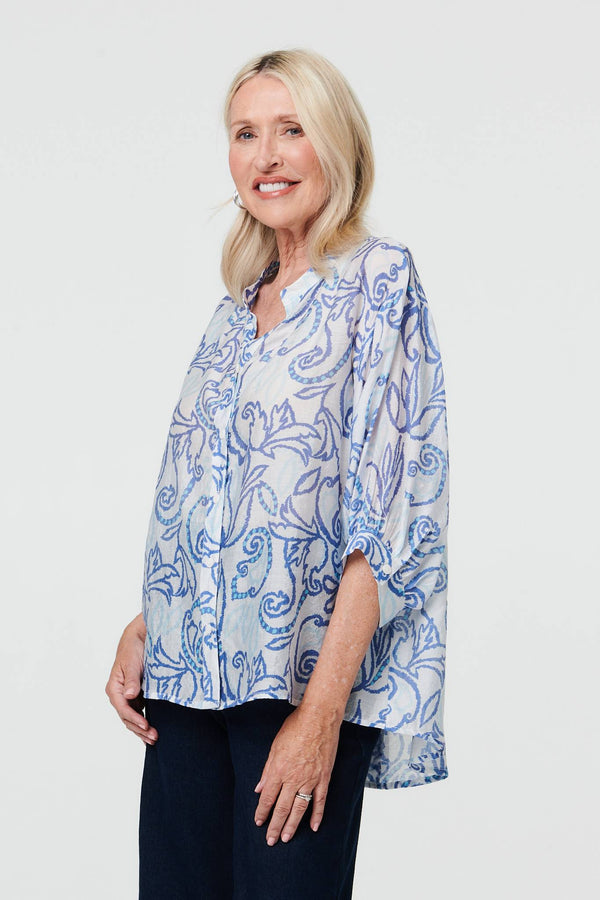 Blue | Printed Relaxed 3/4 Sleeve V-Neck Blouse