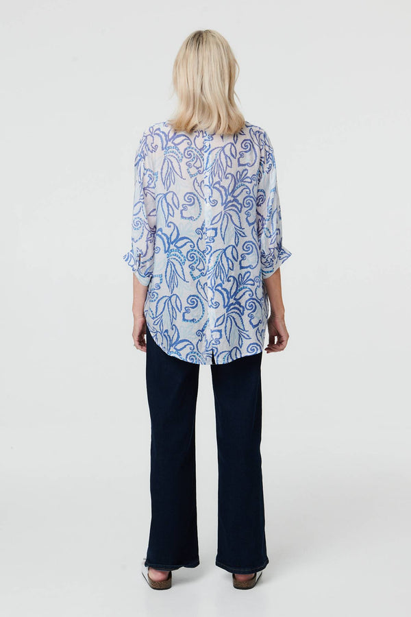 Blue | Printed Relaxed 3/4 Sleeve V-Neck Blouse