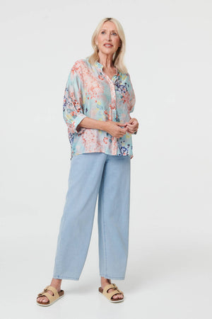 Blue | Floral 3/4 Sleeve Button Front Shirt