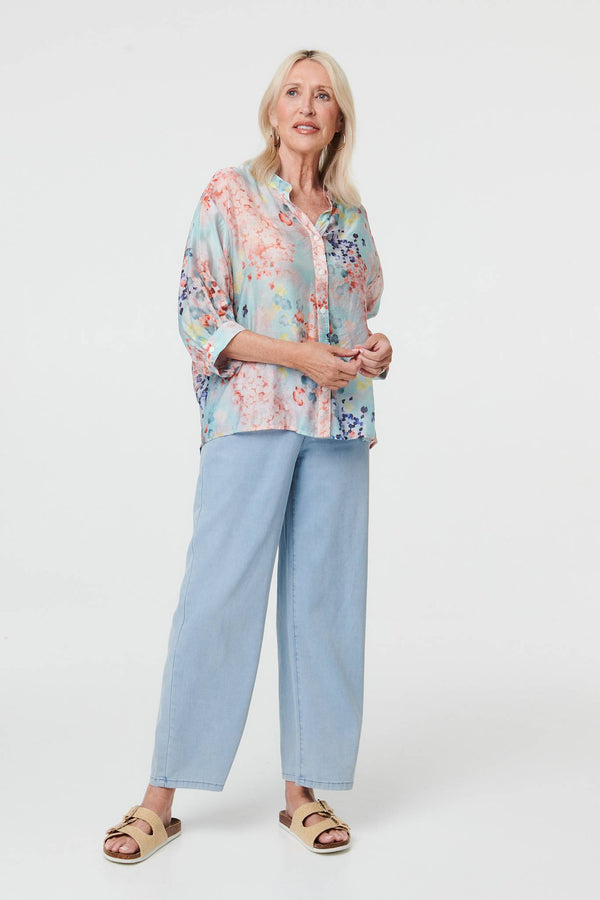 Blue | Floral 3/4 Sleeve Button Front Shirt