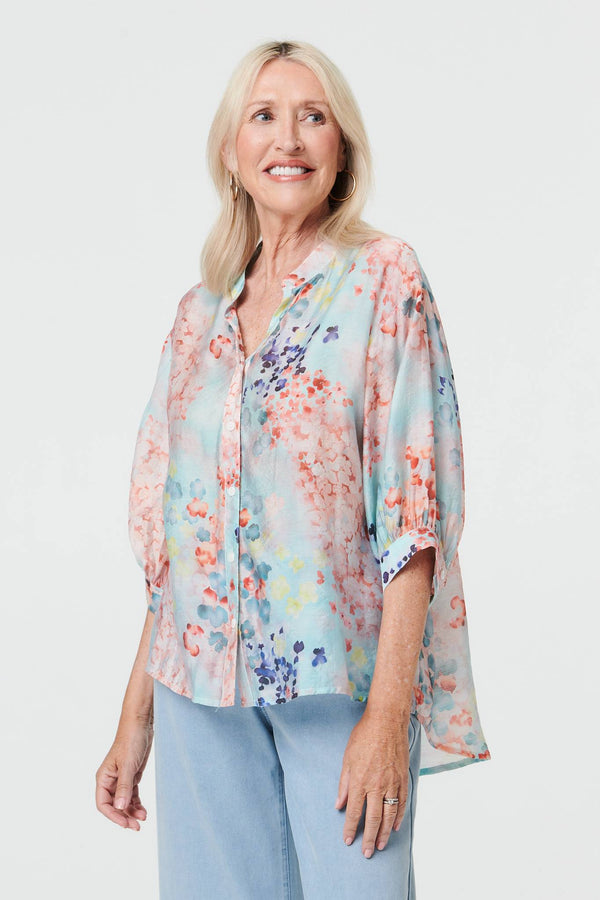 Blue | Floral 3/4 Sleeve Button Front Shirt