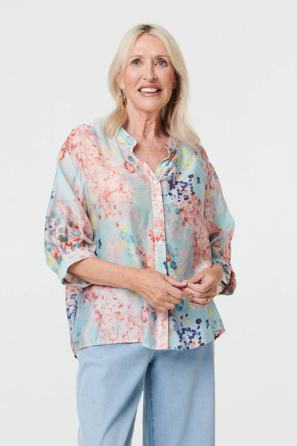 Blue | Floral 3/4 Sleeve Button Front Shirt
