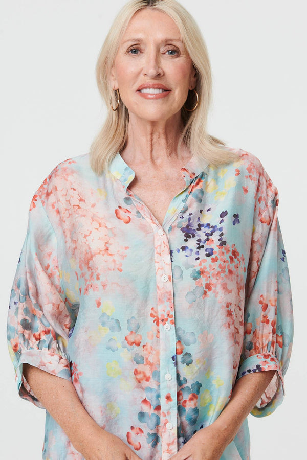 Blue | Floral 3/4 Sleeve Button Front Shirt