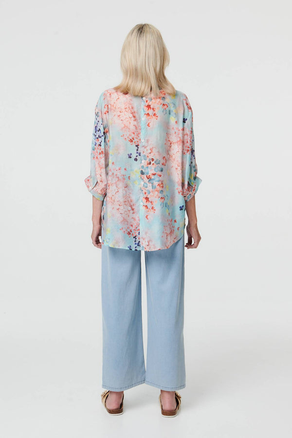Blue | Floral 3/4 Sleeve Button Front Shirt