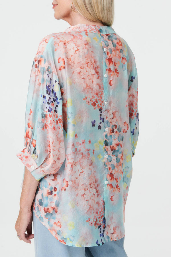 Blue | Floral 3/4 Sleeve Button Front Shirt