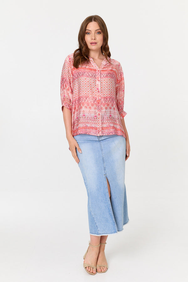 Pink | Abstract 3/4 Sleeve Relaxed Tunic Shirt