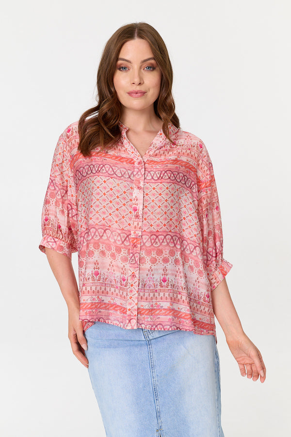 Pink | Abstract 3/4 Sleeve Relaxed Tunic Shirt