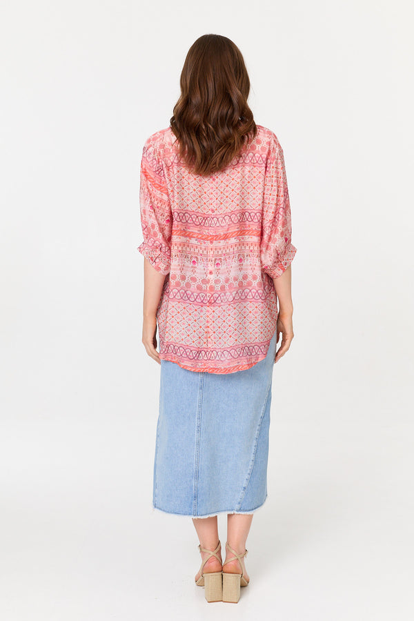 Pink | Abstract 3/4 Sleeve Relaxed Tunic Shirt