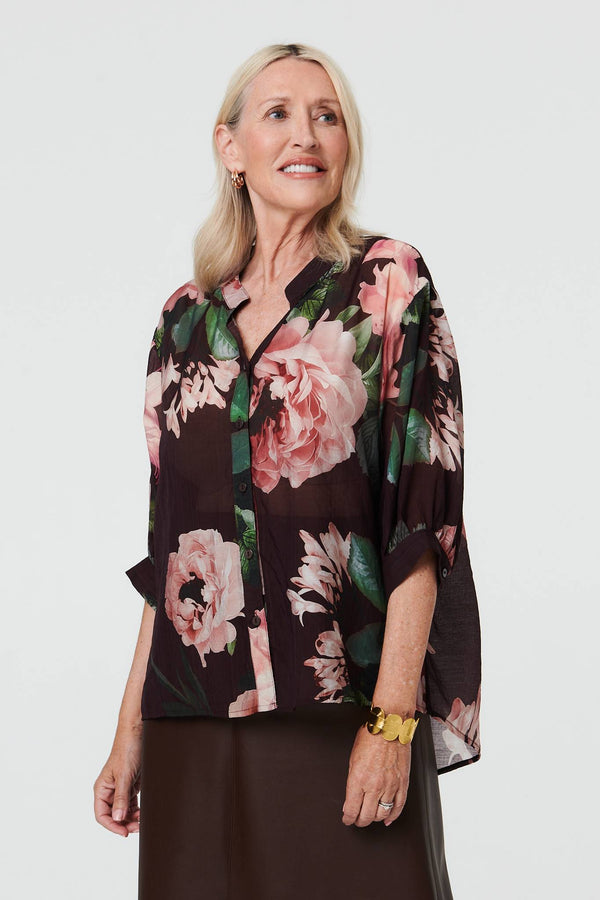 Purple | Floral Relaxed 3/4 Sleeve Blouse