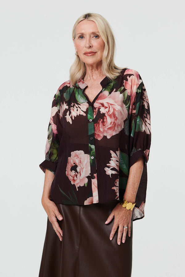 Purple | Floral Relaxed 3/4 Sleeve Blouse